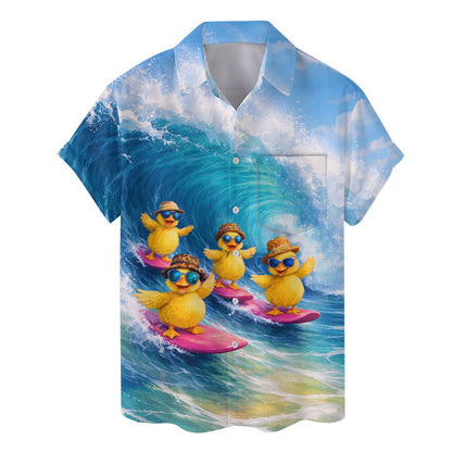 Another front view showcasing the details of the waves and yellow ducklings on the hawaiian shirt