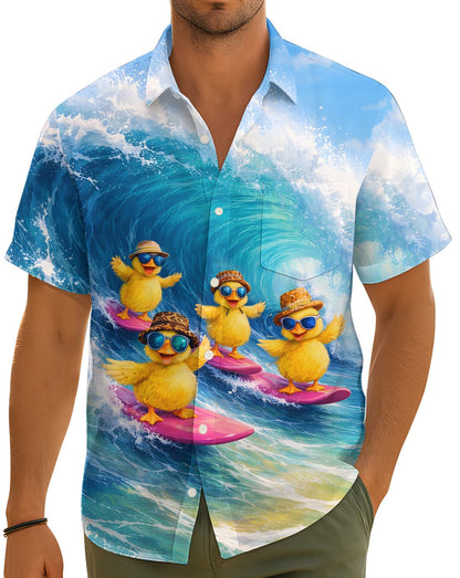 Detailed front view of the matching family hawaiian shirt with button-down style