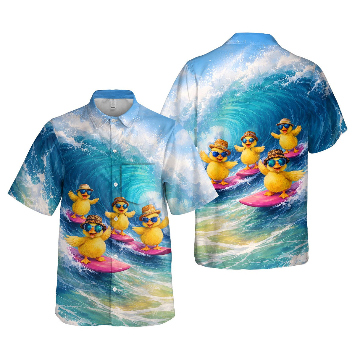 Front view of the vibrant blue hawaiian shirt with surfing ducklings design