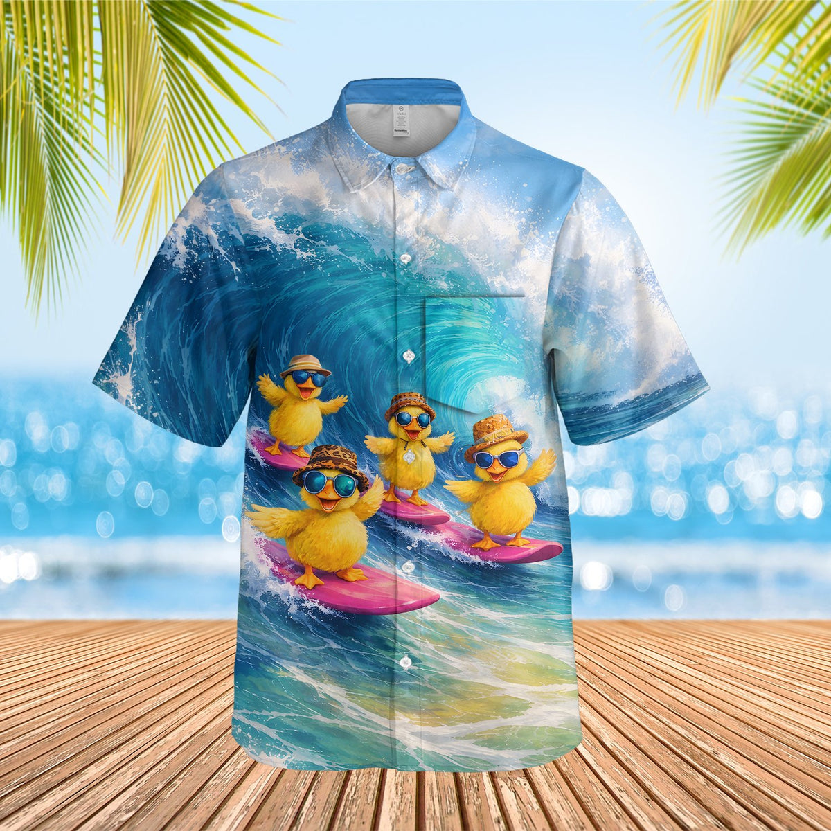 Third lifestyle view highlighting the fun summer style of the duckling design hawaiian shirt
