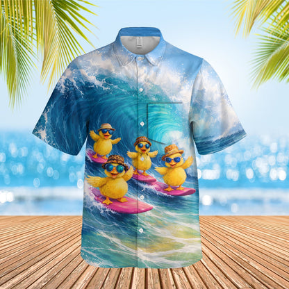 Third lifestyle view highlighting the fun summer style of the duckling design hawaiian shirt