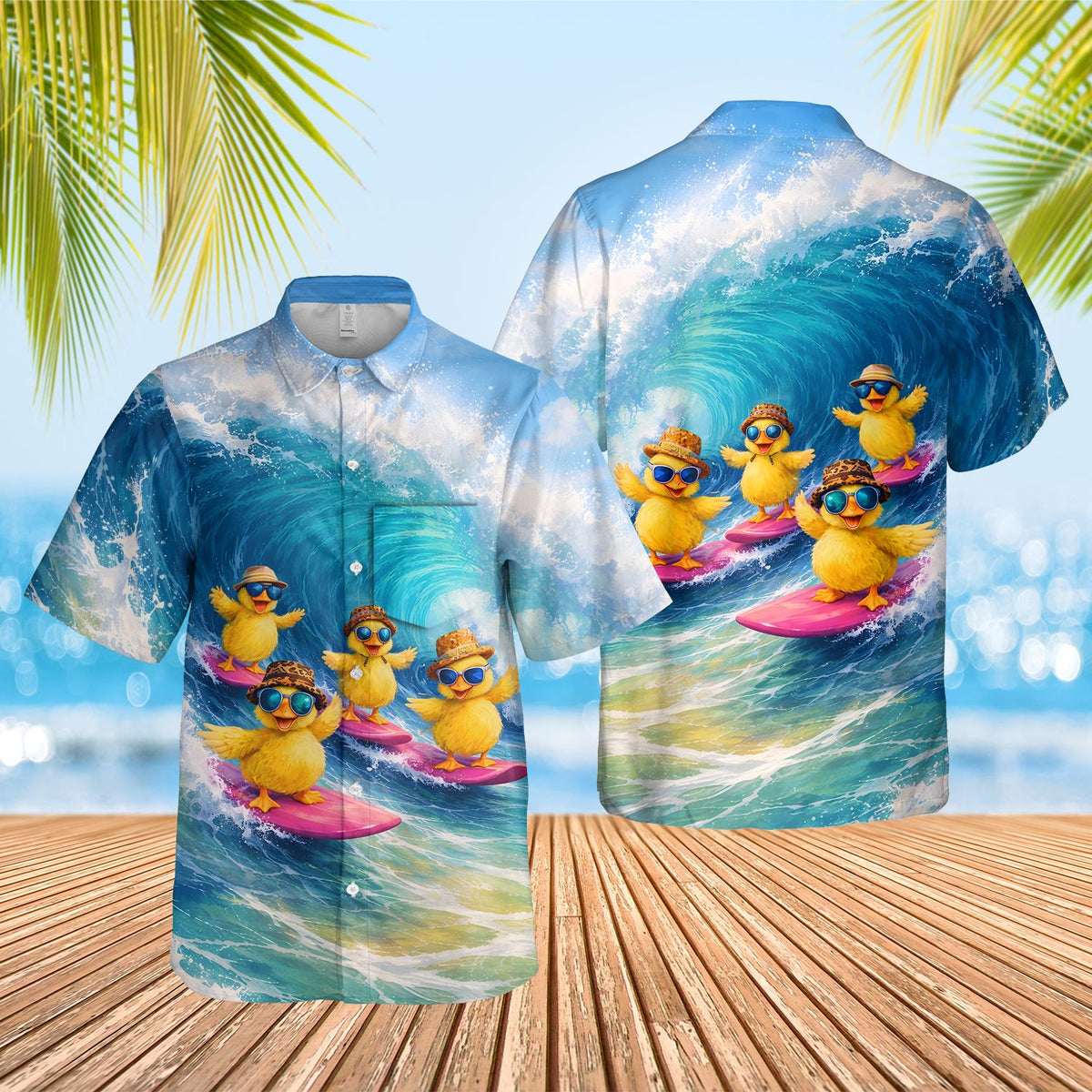 Lifestyle view of a person wearing the surfing ducklings hawaiian shirt at the beach