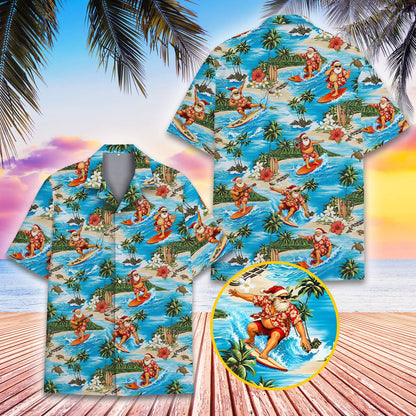 Close-up back view of the tropical holiday pattern on the Hawaiian shirt