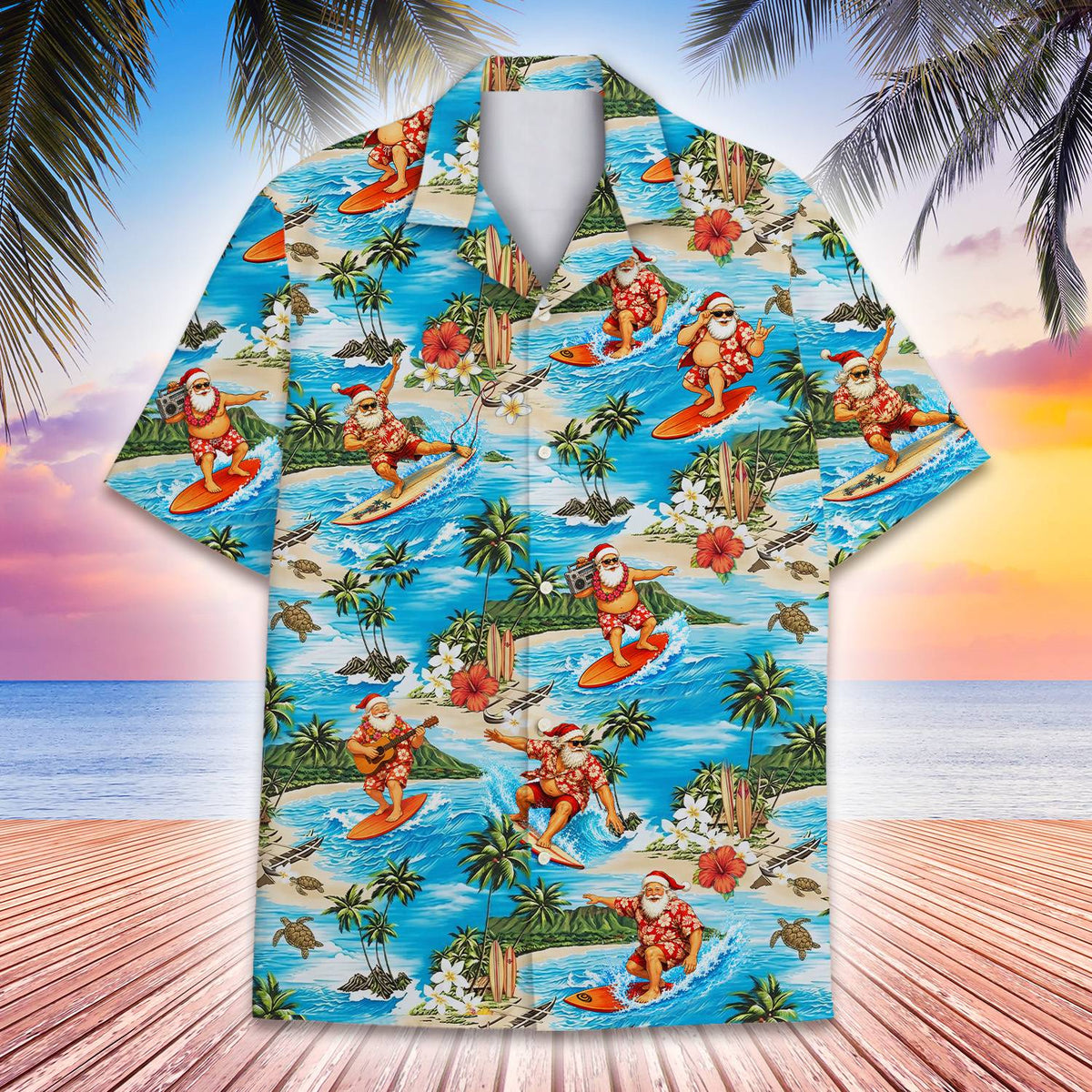 Detailed back view showing Santa holding a boombox on the Hawaiian shirt