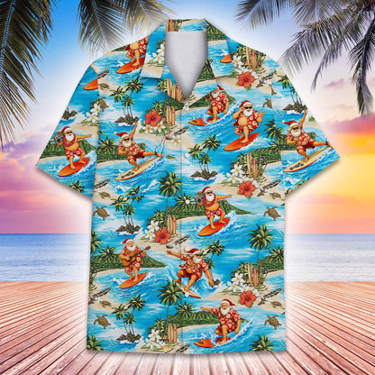 Detailed back view showing Santa holding a boombox on the Hawaiian shirt