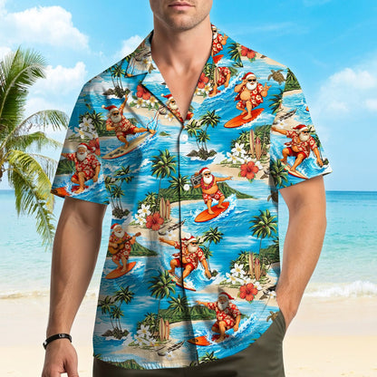 Back view of the light blue surfing Santa Hawaiian shirt on a mannequin