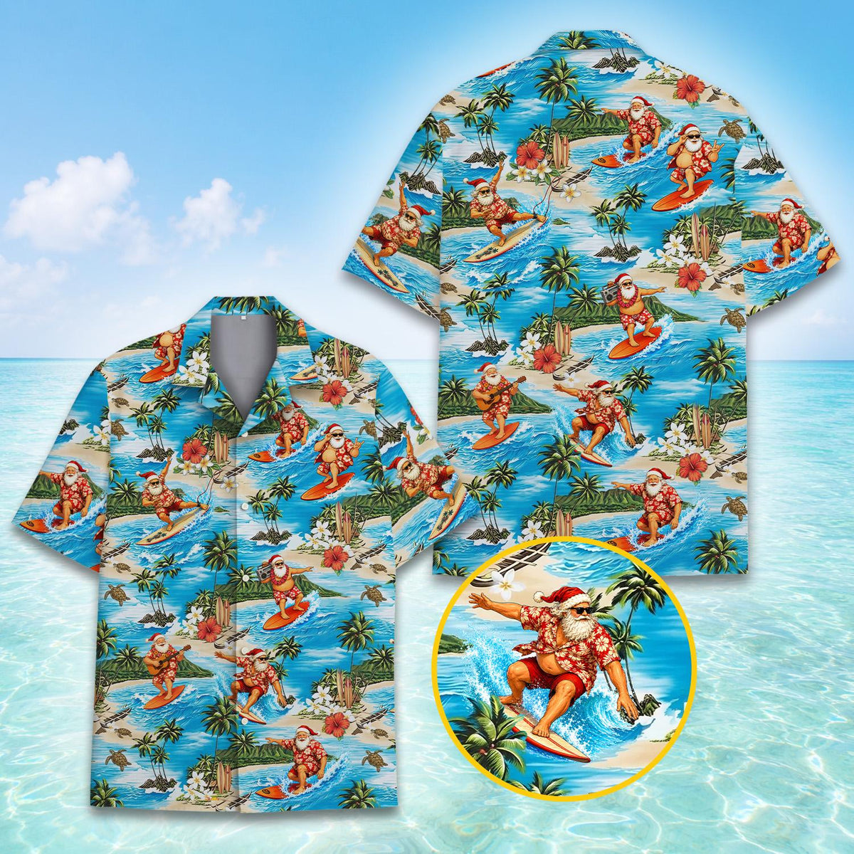 Close-up front view of the Santa playing guitar on the light blue Hawaiian shirt