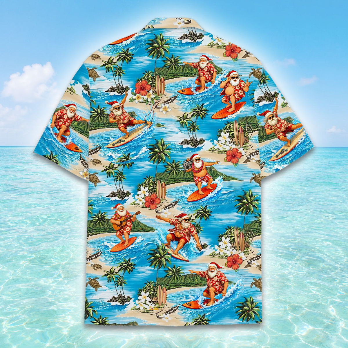 Detailed front view of the hibiscus flowers and palm trees on the Santa Hawaiian shirt