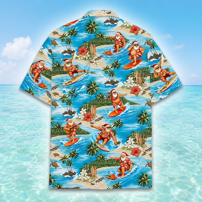 Detailed front view of the hibiscus flowers and palm trees on the Santa Hawaiian shirt