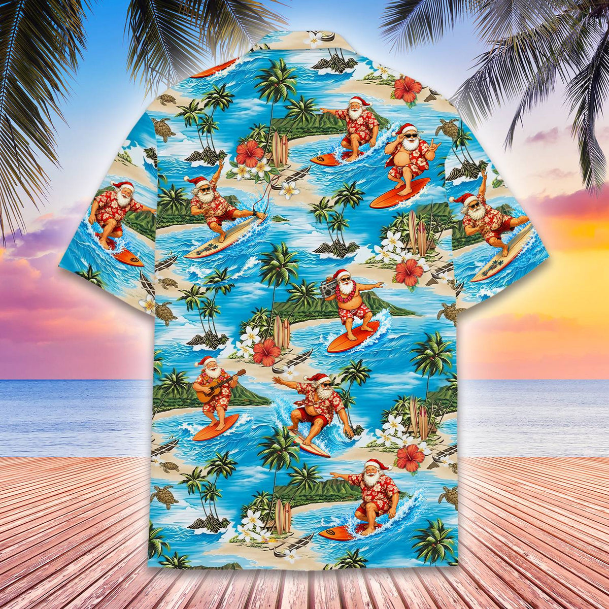 Another detailed front view of the surfing Santa pattern on the Hawaiian shirt