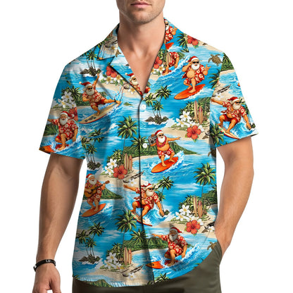 Light blue Hawaiian shirt featuring a surfing Santa pattern on a mannequin, main front view