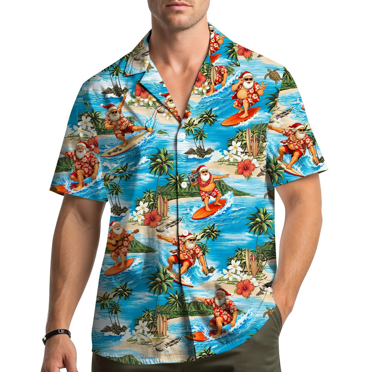 Front view of the surfing Santa Hawaiian shirt showing tropical islands and sea turtles
