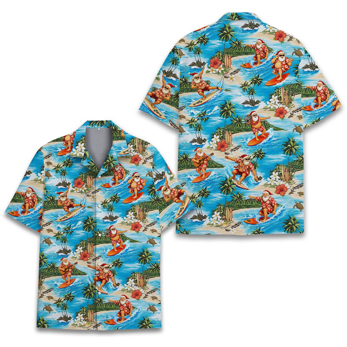 Another lifestyle image showing the light blue surfing Santa Hawaiian shirt in a matching family setting