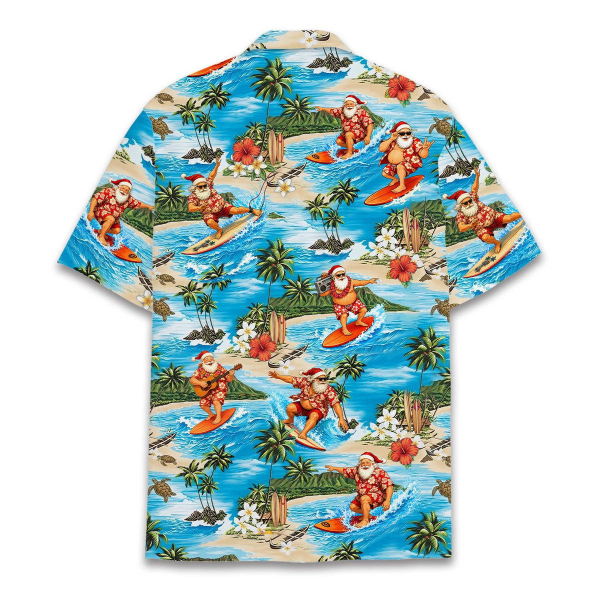 Lifestyle image of an adult wearing the surfing Santa Hawaiian shirt outdoors