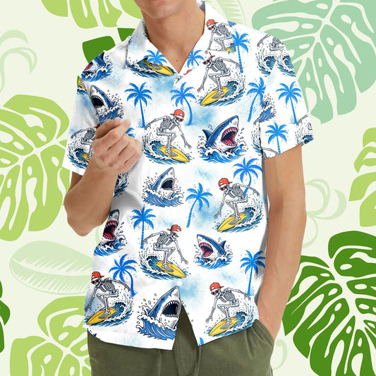 Main front view of the white surfing hawaiian shirt featuring skeletons and sharks