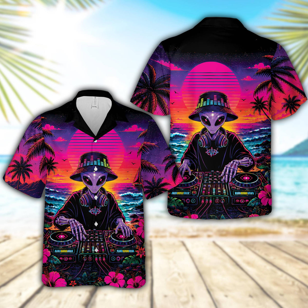 Alien hawaiian shirt in purple and pink synthwave style, front view