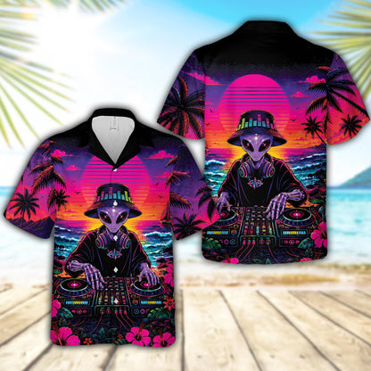 Alien hawaiian shirt in purple and pink synthwave style, front view