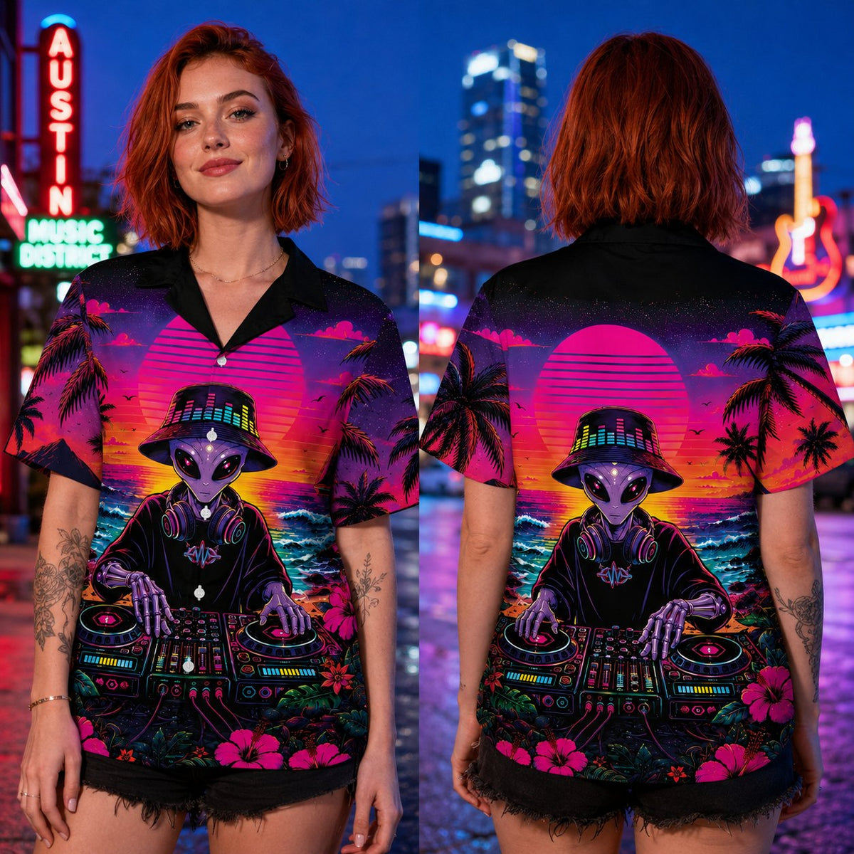 Lifestyle view of matching family hawaiian shirts featuring a retro alien DJ design