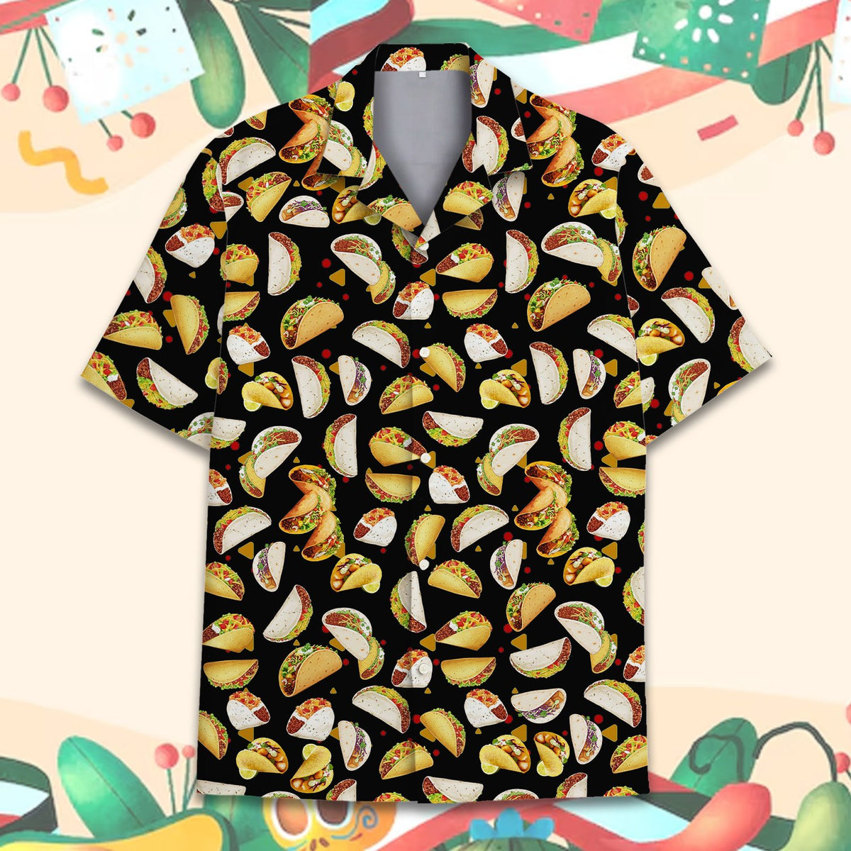 Main view of the black tacos hawaiian shirt with an all-over taco print