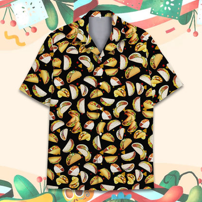 Main view of the black tacos hawaiian shirt with an all-over taco print
