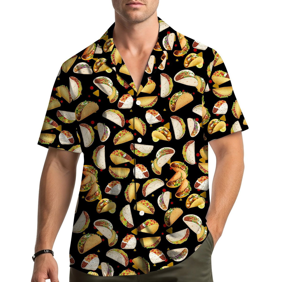 Lifestyle shot of a person wearing the matching family hawaiian shirts outdoors