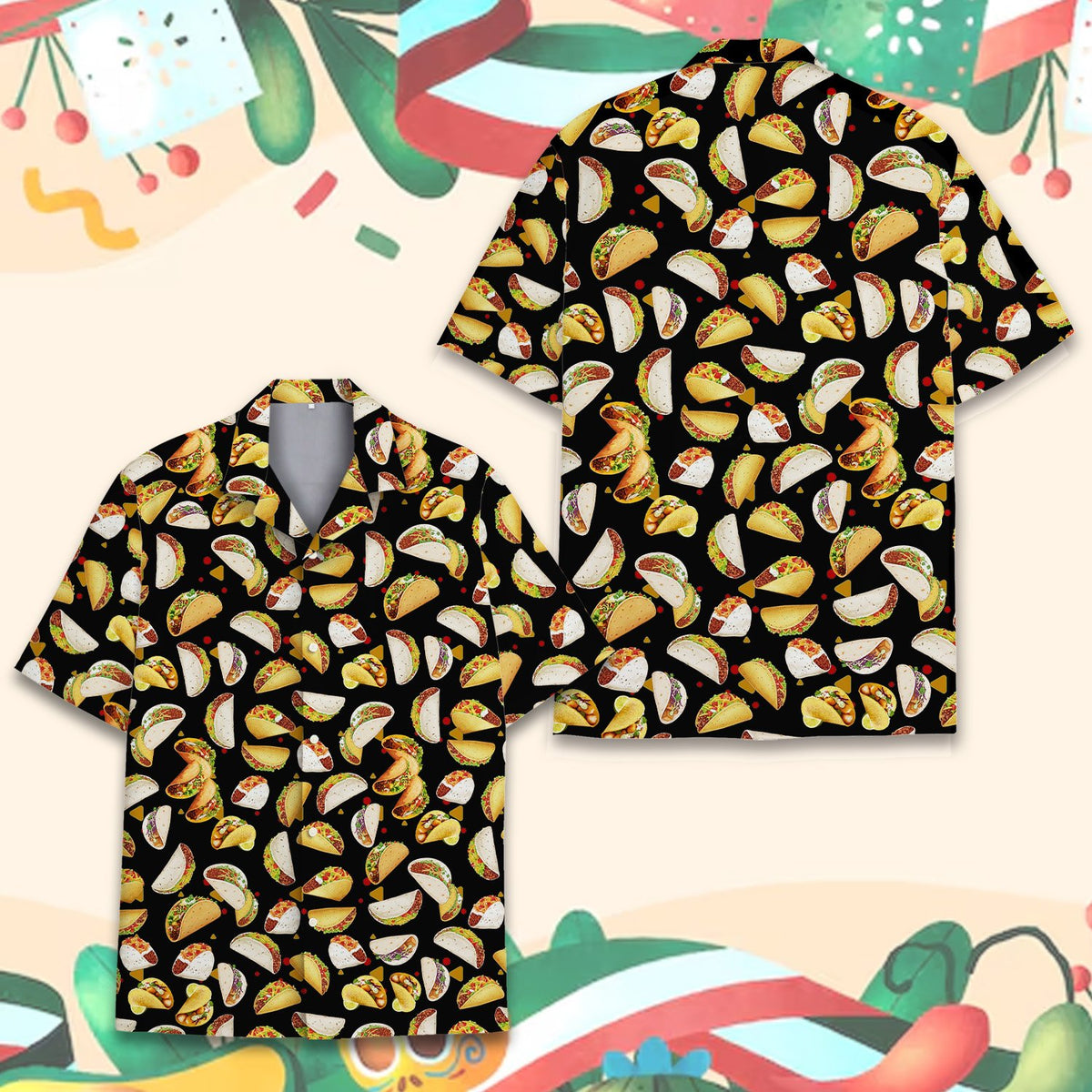 Close up view of the taco print on the black hawaiian shirt