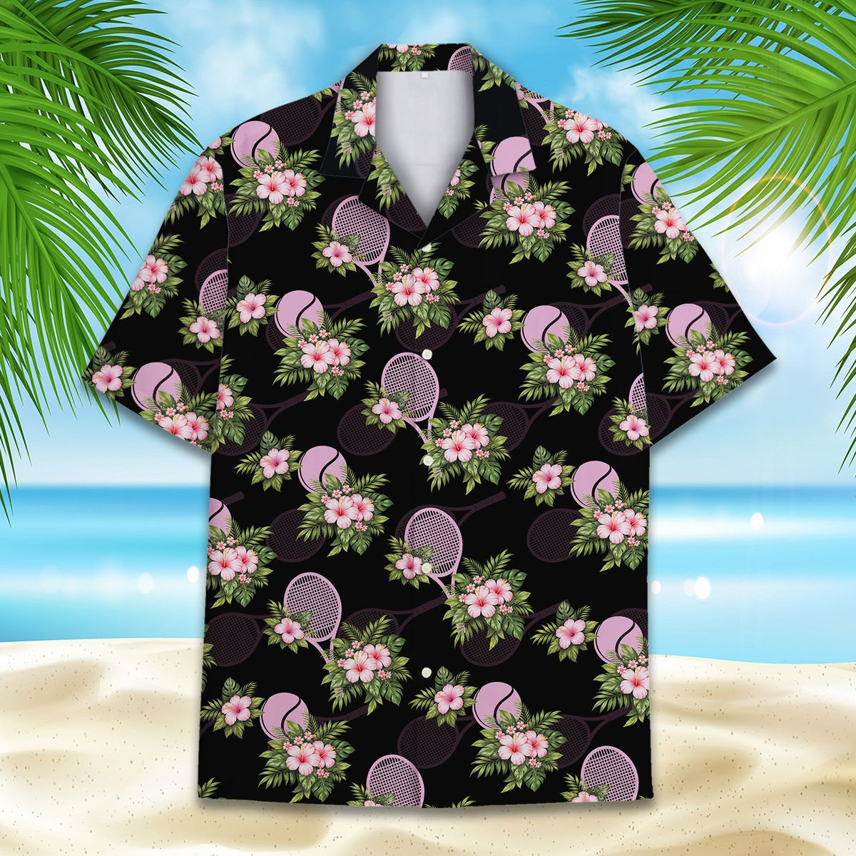 Close up front view showing the pink hibiscus and green leaves pattern