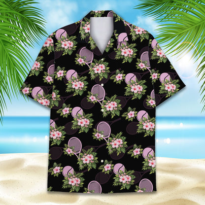 Close up front view showing the pink hibiscus and green leaves pattern