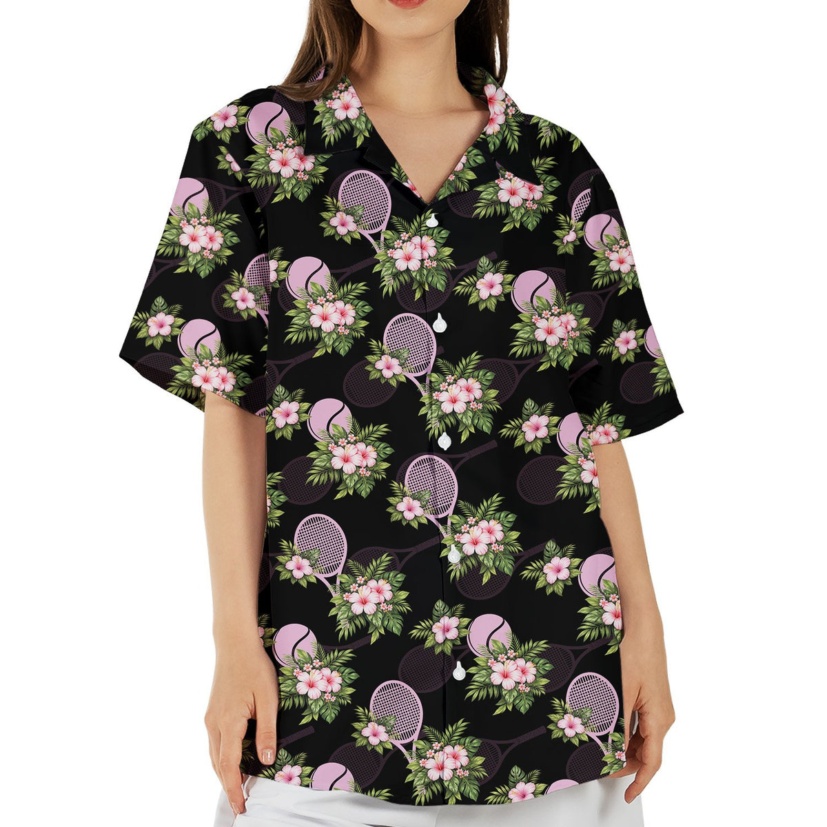 Tennis floral hawaiian shirt featuring pink tennis rackets, alternate main view