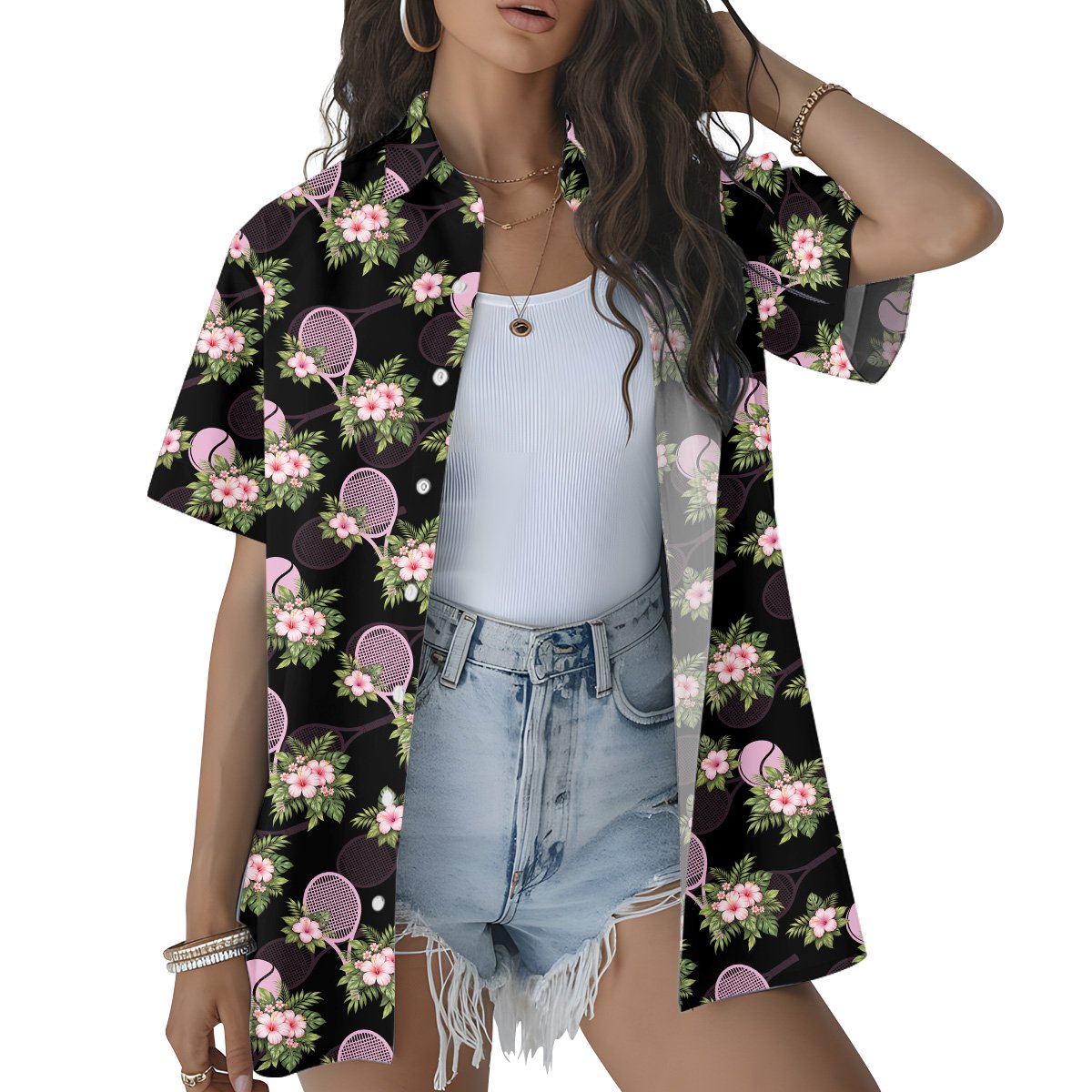 Lifestyle image showing the matching family hawaiian shirt in a casual setting