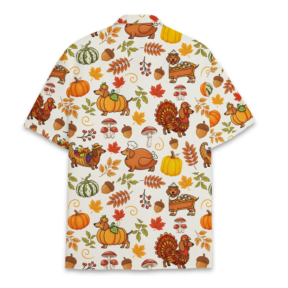 Back view of the beige thanksgiving hawaiian shirt with autumn leaves and dachshund print
