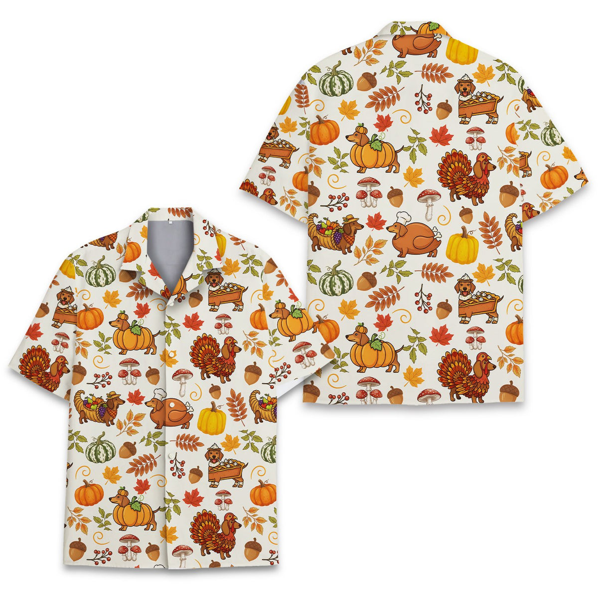 Detailed front view of the men's thanksgiving hawaiian shirt showing the collar and button layout