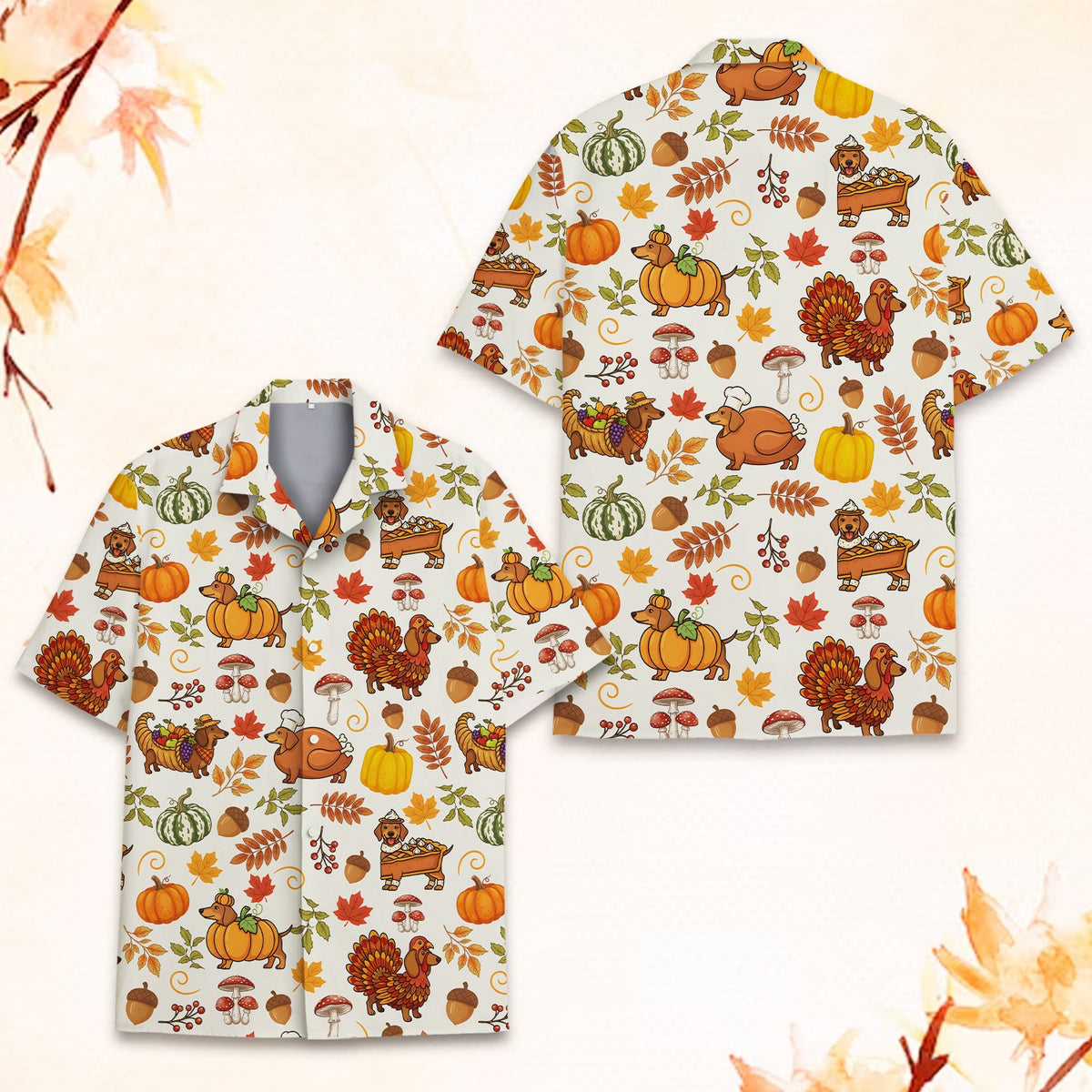 Close-up front view of the thanksgiving dachshunds hawaiian shirt highlighting the turkey and pumpkin dog costumes