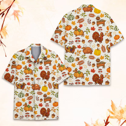 Close-up front view of the thanksgiving dachshunds hawaiian shirt highlighting the turkey and pumpkin dog costumes