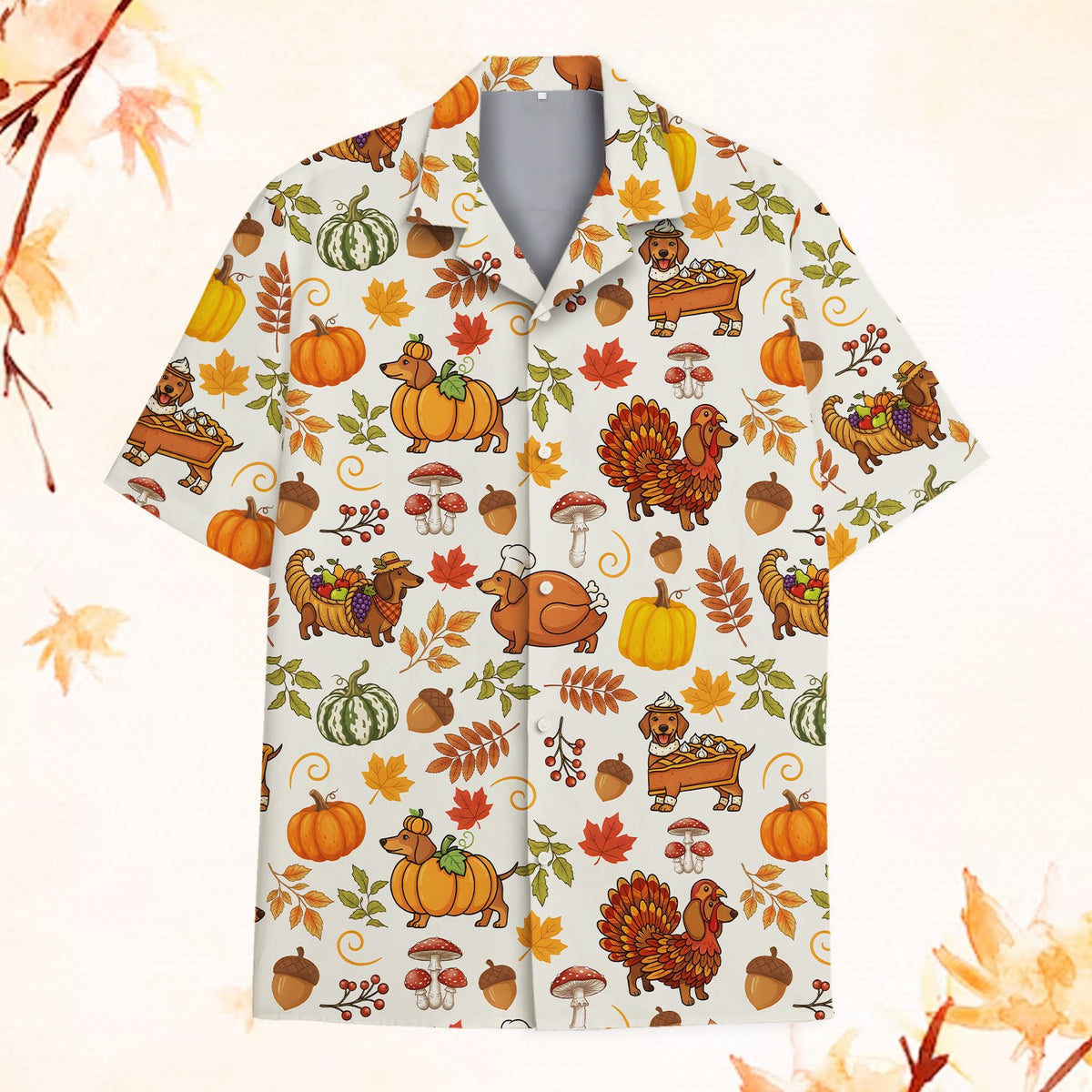 Front view of the matching family hawaiian shirt with thanksgiving dachshunds design