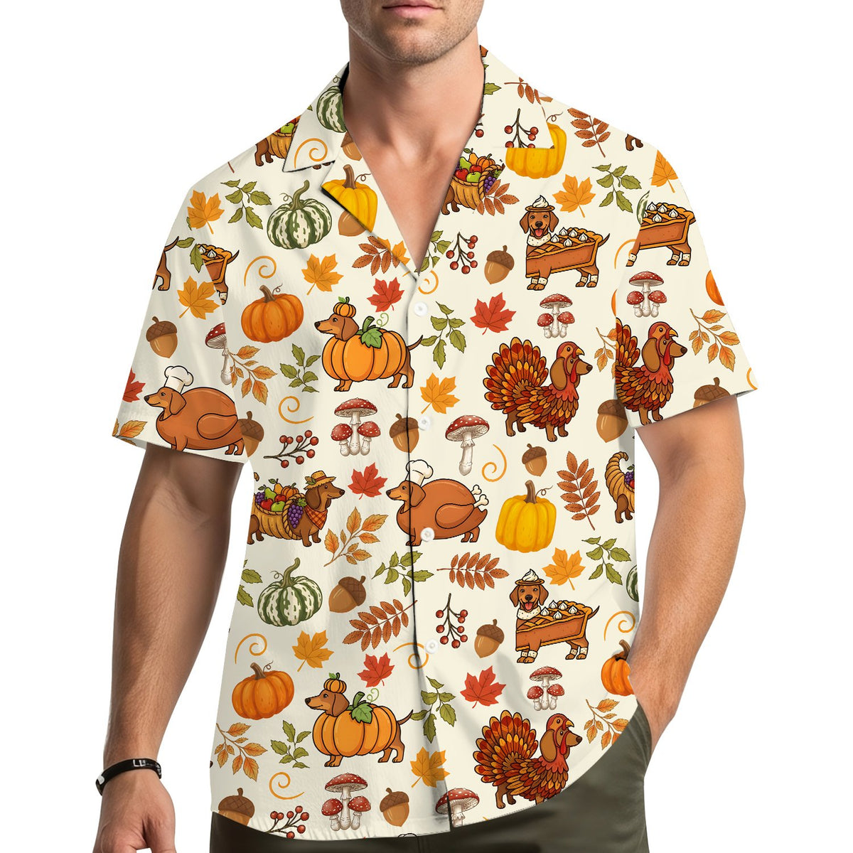 Lifestyle shot displaying the comfortable fit of the dachshunds hawaiian shirt