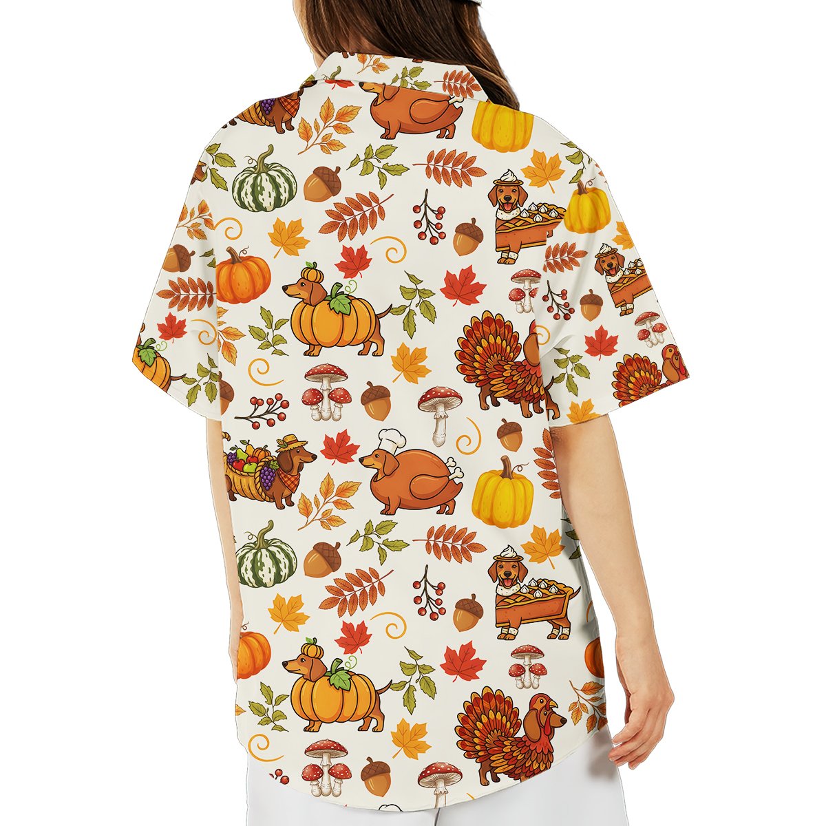 Lifestyle view of a person wearing the thanksgiving dachshunds hawaiian shirt outdoors