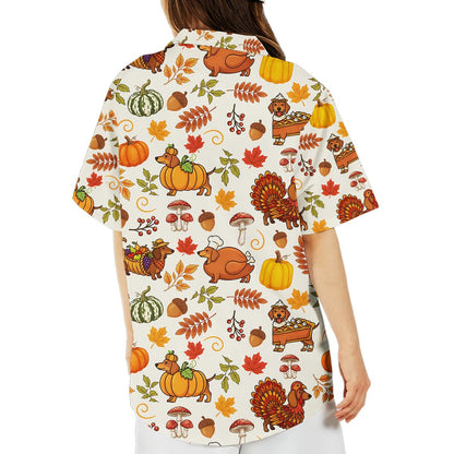 Lifestyle view of a person wearing the thanksgiving dachshunds hawaiian shirt outdoors