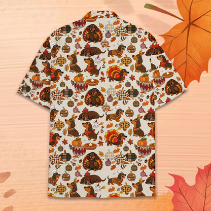 Men's thanksgiving hawaiian shirt featuring festive dachshunds, alternate back view