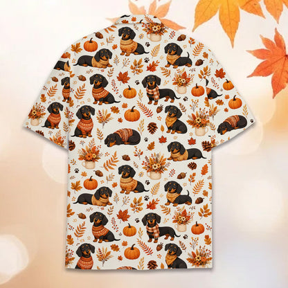 Flat back view of beige Thanksgiving Hawaiian shirt with fall leaves