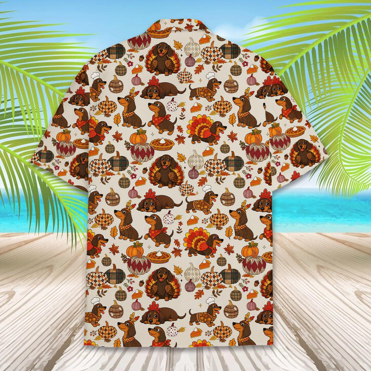 Men's thanksgiving hawaiian shirt featuring festive dachshunds, back flat lay