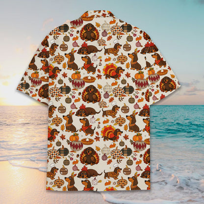 Men's thanksgiving hawaiian shirt featuring festive dachshunds, back view