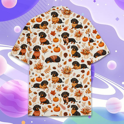 Back view of beige Thanksgiving Hawaiian shirt with dog and pumpkin pattern