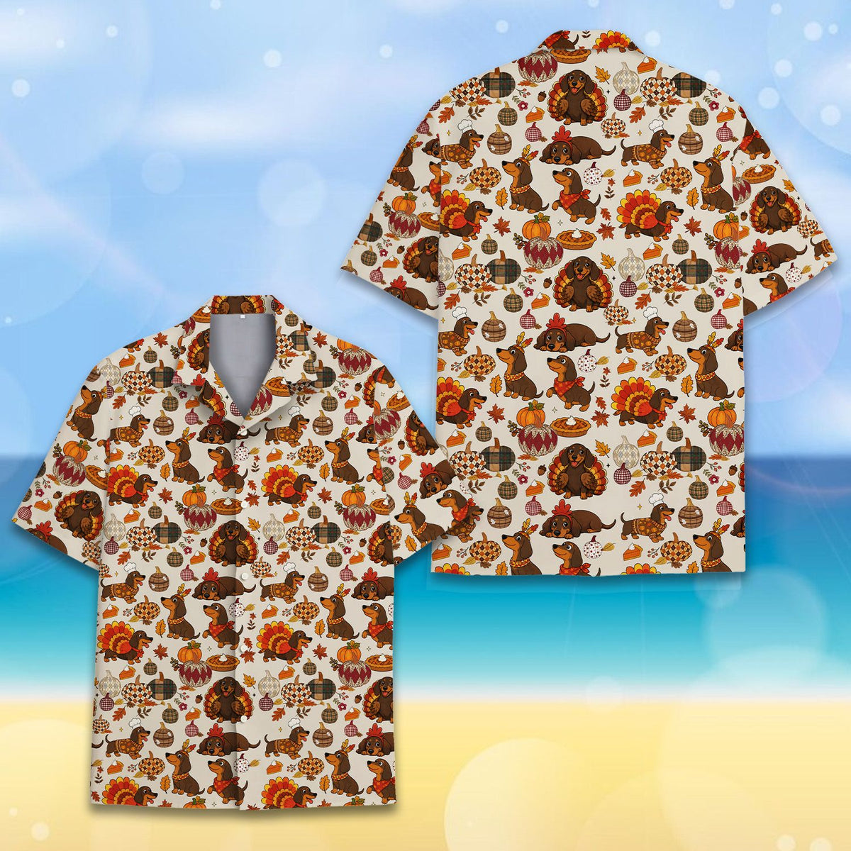 Men's thanksgiving hawaiian shirt featuring festive dachshunds, alternate front view