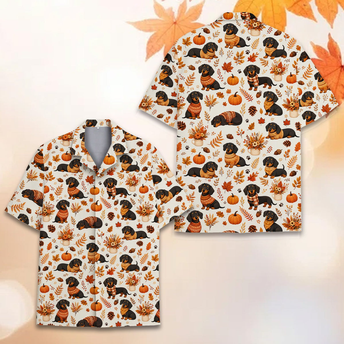 Front flat lay of beige Thanksgiving Hawaiian shirt with autumn motifs