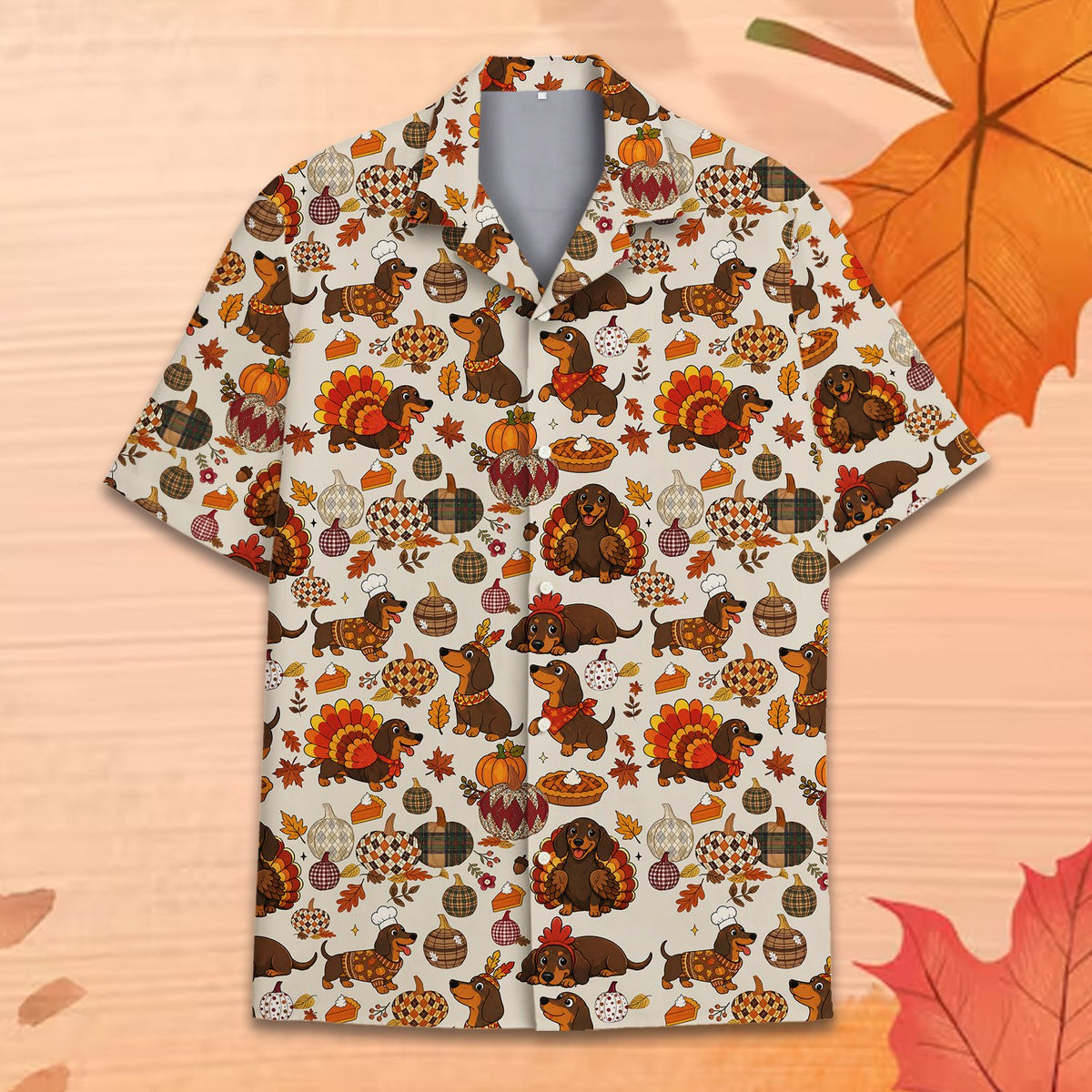 Men's thanksgiving hawaiian shirt featuring festive dachshunds, front flat lay