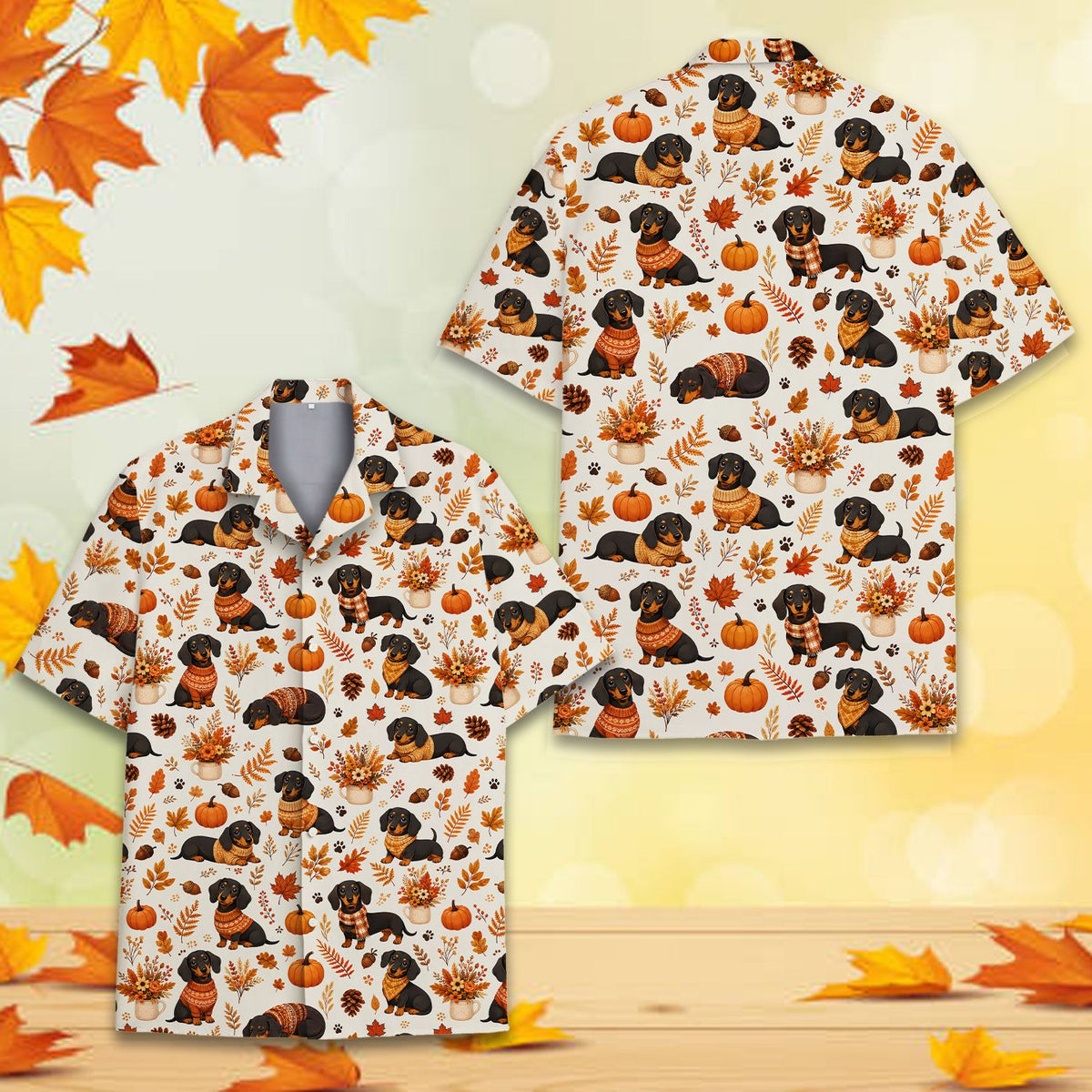 Close up front view of beige Thanksgiving Hawaiian shirt with dachshunds