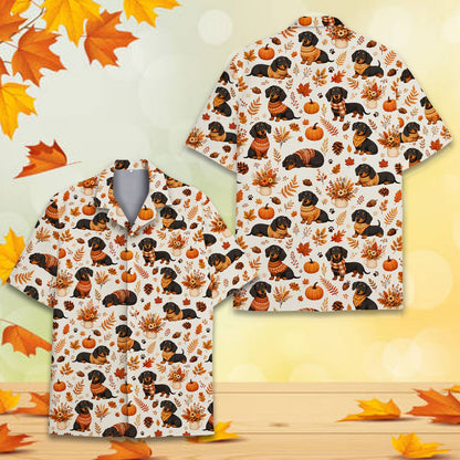 Close up front view of beige Thanksgiving Hawaiian shirt with dachshunds