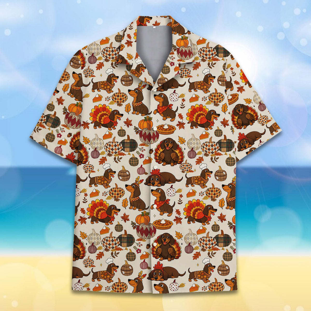 Men's thanksgiving hawaiian shirt featuring festive dachshunds, front close up