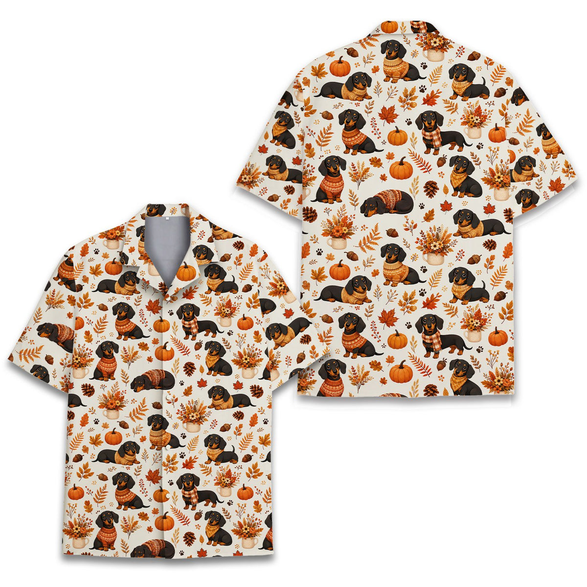 Detailed front view of beige Thanksgiving Hawaiian shirt pattern